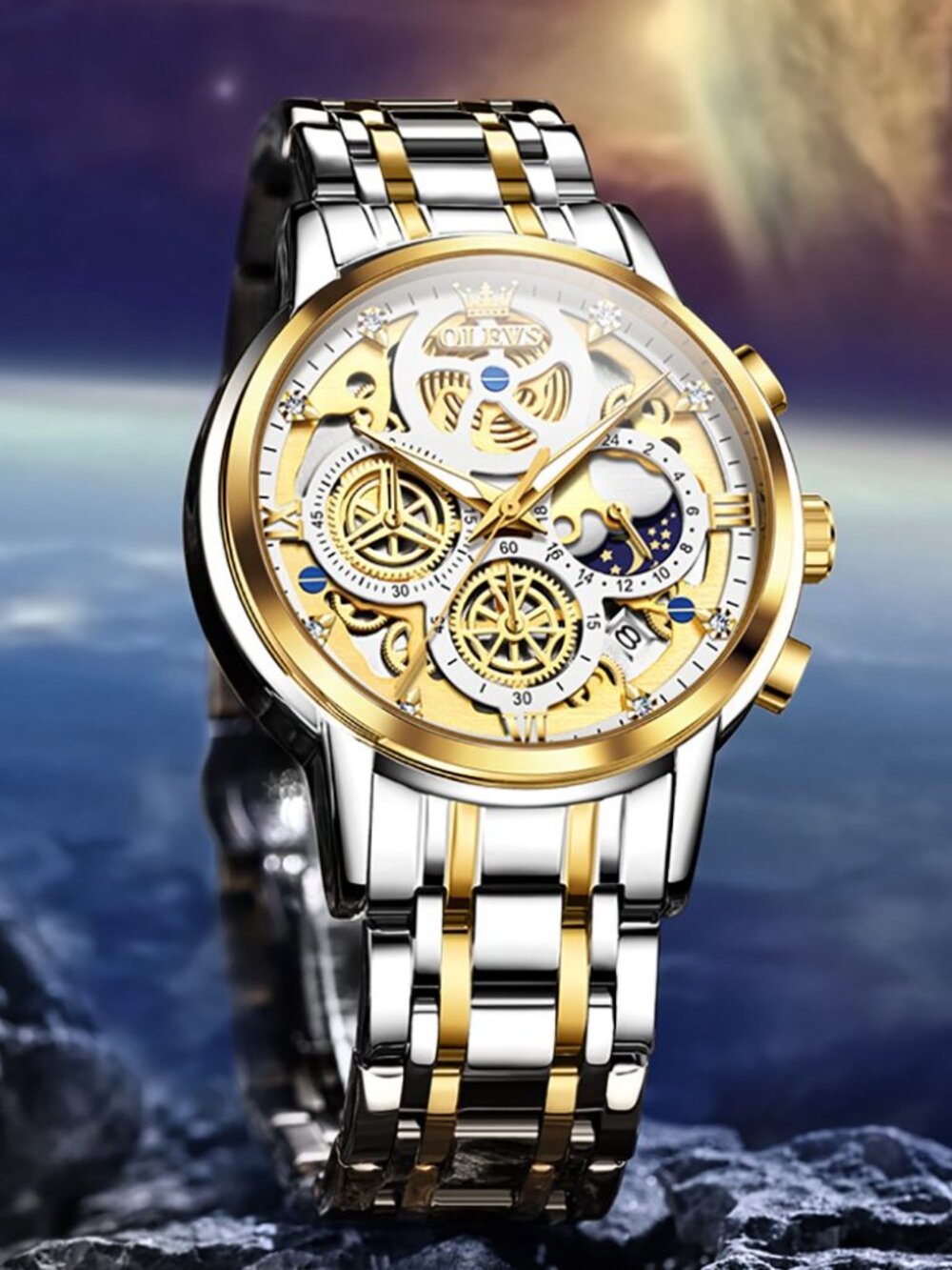 OLEVS Men’s Two-Tone Gold Stainless Steel Chronograph Quartz Watch